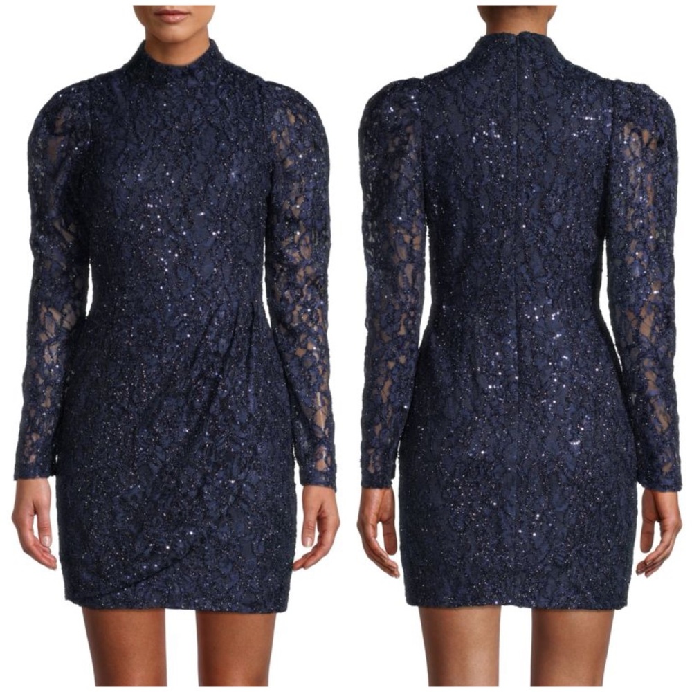 Black Halo By Laurel Berman Santorini Mini Dress Navy Blue Sequin Lace Sz 2